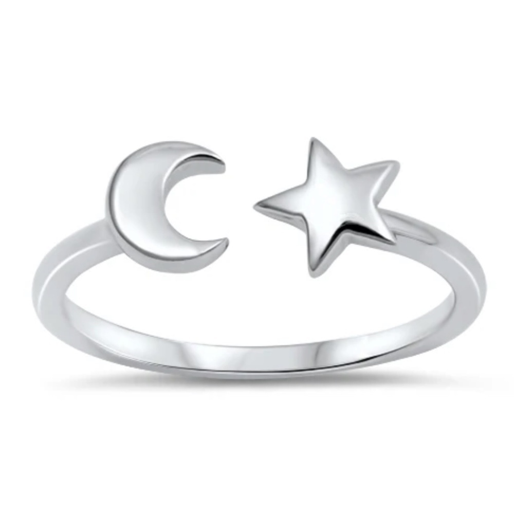 Sterling Silver Ring – Moon and Star (Adjustable 7–8)